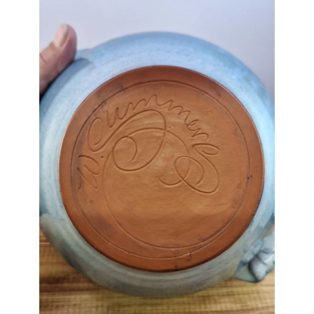 Wendy Summers Pottery Red Clay Bean Crock Pot Artisan Floral Blue Drip Glaze 5x6